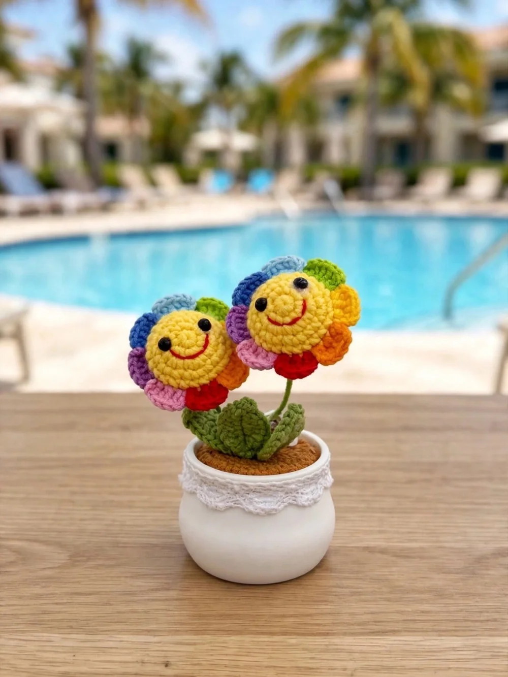 Handmade Crochet Sunflower & Smiley Flower Pot Decorations - Yellow